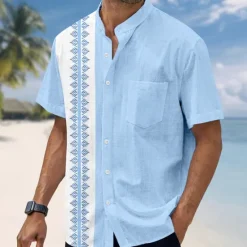 OUKU Men's Geometric Shirt Guayabera Shirt Stand Collar Shirt Short Sleeve Fashion Casual Vacation Holiday Beach Wear Summer Spring Mandarin Collar Band Collar Grandad Collar 3D Print Linen Like Shirt