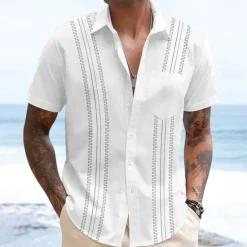 Hot OUKU Men's Geometric Shirt Guayabera Shirt Button Up Shirt Short Sleeve Fashion Casual Vacation Dailywear Beach Wear Summer Spring Turndown 3D Print Collared Shirts Front One Pocket White Pink Blue