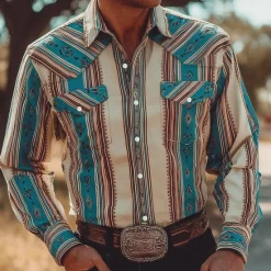 Best OUKU Men's Geometric Striped Color-blocking Shirt Western Shirt Cowboy Shirt Long Sleeve Vintage Retro Outdoor Daily WorkWear Fall & Winter Turndown 3D Print Front Two Pockets Button Up Shirts Blue Sky