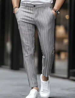 OUKU Men's Geometric Striped Dress Pants Trousers Mid Waist Business Casual Outdoor Vacation Streetwear with Pockets Slim Fit Flat-Front Summer Spring Fall 3D Print khaki Gray