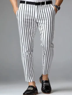 Hot OUKU Men's Geometric Striped Dress Pants Trousers Mid Waist Business Casual Outdoor Vacation Streetwear with Pockets Slim Fit Flat-Front Summer Spring Fall 3D Print Black khaki