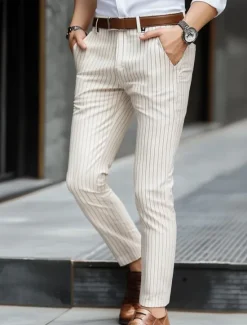 Hot OUKU Men's Geometric Striped Dress Pants Trousers Mid Waist Business Casual Outdoor Vacation Streetwear with Pockets Slim Fit Flat-Front Summer Spring Fall 3D Print Black khaki