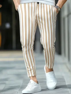 New OUKU Men's Geometric Striped Dress Pants Trousers Mid Waist Business Casual Outdoor Vacation Streetwear with Pockets Slim Fit Flat-Front Summer Spring Fall 3D Print Yellow Beige Gray