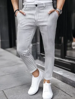 New OUKU Men's Geometric Striped Dress Pants Trousers Mid Waist Business Casual Outdoor Vacation Streetwear with Pockets Slim Fit Flat-Front Summer Spring Fall 3D Print Yellow Beige Gray