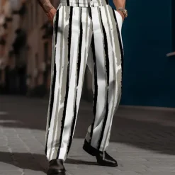 New OUKU Men's Geometric Striped Dress Pants Mid Waist Business Casual Formal Dailywear Zipper Pocket Straight Leg Trousers Summer Spring Fall 3D Print Black