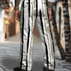 New OUKU Men's Geometric Striped Dress Pants Mid Waist Business Casual Formal Dailywear Zipper Pocket Straight Leg Trousers Summer Spring Fall 3D Print Black