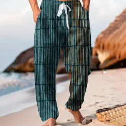 Hot OUKU Men's Geometric Striped Mixed Color Trousers Baggy Pants Casual Pants Mid Waist Hawaiian Casual Outdoor Vacation Holiday Wide Leg Summer Spring 3D Print Red Blue