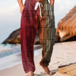 Hot OUKU Men's Geometric Striped Mixed Color Trousers Baggy Pants Casual Pants Mid Waist Hawaiian Casual Outdoor Vacation Holiday Wide Leg Summer Spring 3D Print Red Blue