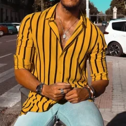 New OUKU Men's Geometric Striped Shirt Button Up Shirt Casual Dress Shirt Long Sleeve Fashion Casual Formal Vacation Dailywear Summer Spring Turndown 3D Print Collared Shirts White Yellow Blue