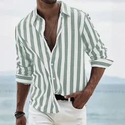Best OUKU Men's Geometric Striped Shirt Button Up Shirt Long Sleeve Fashion Casual Dailywear Causal Beach Wear Summer Spring Turndown 3D Print Linen Like Shirt Black Pink Blue Green