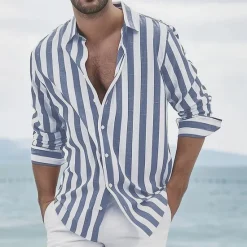 Best OUKU Men's Geometric Striped Shirt Button Up Shirt Long Sleeve Fashion Casual Dailywear Causal Beach Wear Summer Spring Turndown 3D Print Linen Like Shirt Black Pink Blue Green