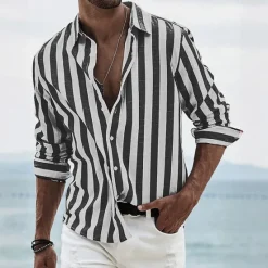 Best OUKU Men's Geometric Striped Shirt Button Up Shirt Long Sleeve Fashion Casual Dailywear Causal Beach Wear Summer Spring Turndown 3D Print Linen Like Shirt Black Pink Blue Green
