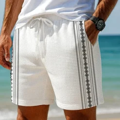 Online OUKU Men's Geometric Stripes Rhombus Waffle Shorts Sweat Shorts Casual Shorts Mid Waist Fashion Casual Vacation Jogging Workout Elastic Drawstring Waist Shorts with Pockets Designer Clothing Apparel