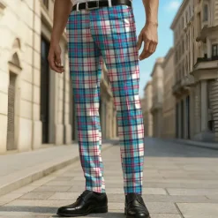 Online OUKU Men's Geometric Tartan Grid / Plaid Dress Pants Trousers Casual Pants Mid Waist Casual Formal Vacation Office Daily Summer Spring Fall 3D Print Blue Green