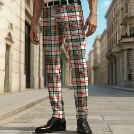 Online OUKU Men's Geometric Tartan Grid / Plaid Dress Pants Trousers Casual Pants Mid Waist Casual Formal Vacation Office Daily Summer Spring Fall 3D Print Blue Green