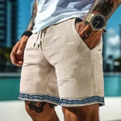 Outlet OUKU Men's Geometric Triangle Waffle Shorts Sweat Shorts Casual Shorts Mid Waist Fashion Casual Vacation Jogging Workout Elastic Drawstring Waist Shorts with Pockets Designer Clothing Apparel