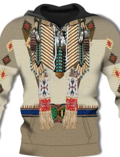 Discount OUKU Men's Geometric Tribal Hoodie Hoodies Sweatshirt Designer Basic Long Sleeve Hooded Daily Brown Khaki Designer