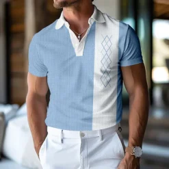 Online OUKU Men's Geometric Waffle Polo Shirts Golf Shirt Short Sleeve Polo Shirts Collared Shirts Casual Beach Wear Vacation Wear Party Outfits Buttons 3D Print Summer Spring Blue