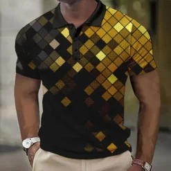 OUKU Men's Geometric Waffle Polo Shirts Golf Shirt Short Sleeve Polo Shirts Collared Shirts Casual Vacation Wear Formal Wear Festival Wear 3D Print Buttons Yellow Red Blue