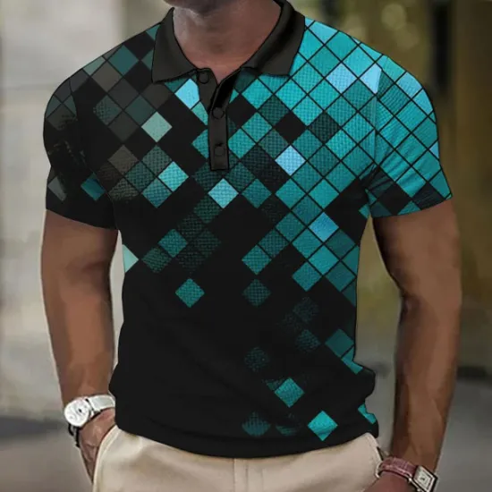 OUKU Men's Geometric Waffle Polo Shirts Golf Shirt Short Sleeve Polo Shirts Collared Shirts Casual Vacation Wear Formal Wear Festival Wear 3D Print Buttons Yellow Red Blue