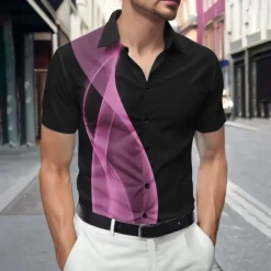 Sale OUKU Men's Geometric Waves Gradient Color Shirt Summer Shirt Button Up Shirt Short Sleeve Fashion Casual Outdoor Vacation Dailywear Summer Spring Turndown 3D Print Collared Shirts Yellow Blue Purple Gray