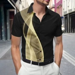 Sale OUKU Men's Geometric Waves Gradient Color Shirt Summer Shirt Button Up Shirt Short Sleeve Fashion Casual Outdoor Vacation Dailywear Summer Spring Turndown 3D Print Collared Shirts Yellow Blue Purple Gray