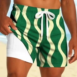 Discount OUKU Men's Geometric Waves Lined Shorts 2 in 1 Board Shorts Swim Shorts Mid Waist Hawaiian Holiday Side Pockets With Compression Liner Elastic Drawstring Waist Designer Clothing Apparel