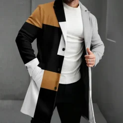 Clearance OUKU Men's Geometric Winter Coat Fleece Jacket Overcoat Thermal Comfortable Casual Party Evening Wear Street Daily Wear Buttons 3D Print Front Pocket Winter Turndown Long Sleeve Yellow Red Blue