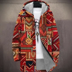 New OUKU Men's Geometric Winter Coat Fleece Jacket Coat Thermal Warm Comfortable Casual Daily Wear Zipper Pocket 3D Print Fall Winter Hooded Long Sleeve White Red Brown