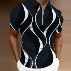 Sale OUKU Men's Geometric Zip Polo Shirts Golf Shirt Short Sleeve Polo Shirts Collared Shirts Business Casual Vacation Wear Formal Wear Festival Wear 3D Print Quarter Zip Polo Black White Yellow