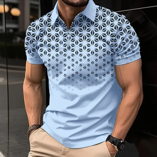 OUKU Men's Geometric Zip Polo Shirts Golf Shirt Short Sleeve Polo Shirts Collared Shirts Business Casual WorkWear Formal Wear Festival Wear 3D Print Quarter Zip Polo White Pink Blue