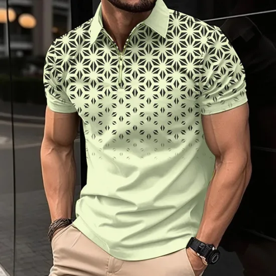 OUKU Men's Geometric Zip Polo Shirts Golf Shirt Short Sleeve Polo Shirts Collared Shirts Business Casual WorkWear Formal Wear Festival Wear 3D Print Quarter Zip Polo White Pink Blue