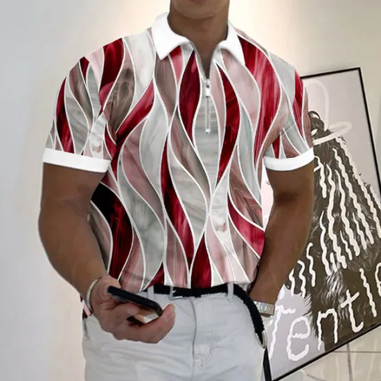 Outlet OUKU Men's Geometric Zip Polo Shirts Golf Shirt Short Sleeve Polo Shirts Collared Shirts Business Casual Vacation Wear Formal Wear Festival Wear 3D Print Quarter Zip Polo Blue-Green Yellow Red