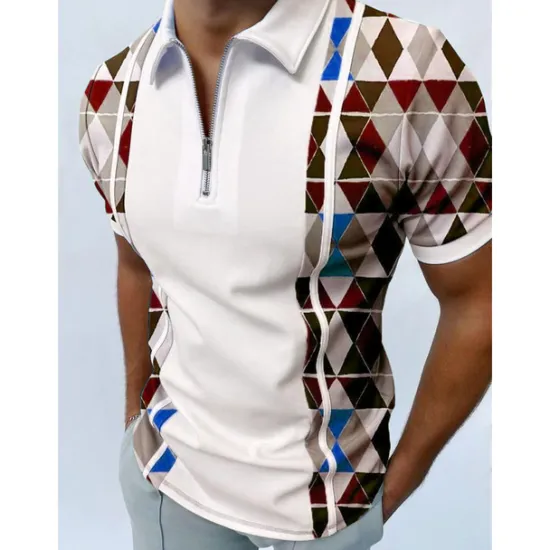 OUKU Men's Geometric Zip Polo Shirts Golf Shirt Short Sleeve Polo Shirts Collared Shirts Casual Vacation Wear Formal Wear Festival Wear 3D Print Quarter Zip Polo Black White Red