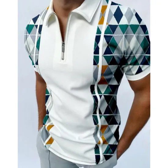 OUKU Men's Geometric Zip Polo Shirts Golf Shirt Short Sleeve Polo Shirts Collared Shirts Casual Vacation Wear Formal Wear Festival Wear 3D Print Quarter Zip Polo Black White Red