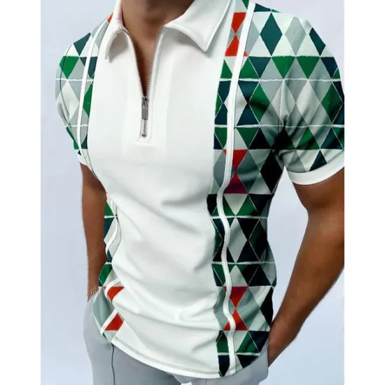 OUKU Men's Geometric Zip Polo Shirts Golf Shirt Short Sleeve Polo Shirts Collared Shirts Casual Vacation Wear Formal Wear Festival Wear 3D Print Quarter Zip Polo Black White Red