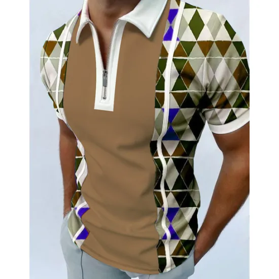 OUKU Men's Geometric Zip Polo Shirts Golf Shirt Short Sleeve Polo Shirts Collared Shirts Casual Vacation Wear Formal Wear Festival Wear 3D Print Quarter Zip Polo Black White Red