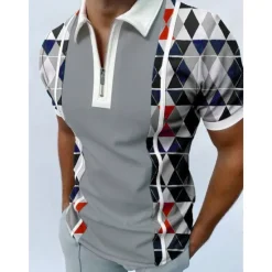 OUKU Men's Geometric Zip Polo Shirts Golf Shirt Short Sleeve Polo Shirts Collared Shirts Casual Vacation Wear Formal Wear Festival Wear 3D Print Quarter Zip Polo Black White Red