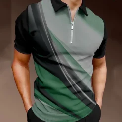 Discount OUKU Men's Geometric Zip Polo Shirts Golf Shirt Short Sleeve Polo Shirts Collared Shirts Business Casual Vacation Wear Formal Wear Festival Wear 3D Print Quarter Zip Polo Black / Gray Blue Purple