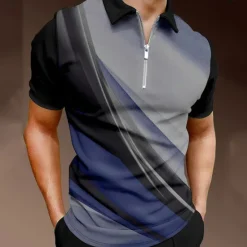 Discount OUKU Men's Geometric Zip Polo Shirts Golf Shirt Short Sleeve Polo Shirts Collared Shirts Business Casual Vacation Wear Formal Wear Festival Wear 3D Print Quarter Zip Polo Black / Gray Blue Purple