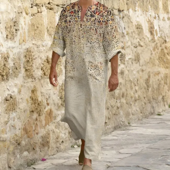 Online OUKU Men's Geometry Ethnic Shirt Button Up Shirt Muslim Thobe Long Sleeve Vintage Fashion Designer Outdoor Casual Daily Fall & Winter V Neck Print Yellow Blue Green Gray
