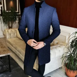 New OUKU Men's Geometry Gradual Winter Coat Overcoat Coat Warm Breathable Comfortable Business Casual Work Wear to work Going out Pocket Print Fall & Winter Stand Collar Long Sleeve Navy Blue Blue Gray