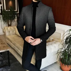New OUKU Men's Geometry Gradual Winter Coat Overcoat Coat Warm Breathable Comfortable Business Casual Work Wear to work Going out Pocket Print Fall & Winter Stand Collar Long Sleeve Navy Blue Blue Gray