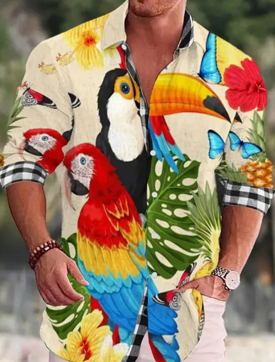 Hot OUKU Men's Geometry Parrot Shirt Summer Hawaiian Shirt Aloha Shirt Long Sleeve Shirt Stand Collar Fashion Streetwear Designer Outdoor Street Casual Blue-Green Black Yellow S M L