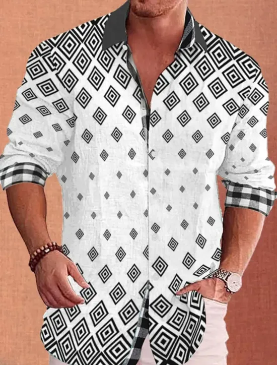 Hot OUKU Men's Geometry Parrot Shirt Summer Hawaiian Shirt Aloha Shirt Long Sleeve Shirt Stand Collar Fashion Streetwear Designer Outdoor Street Casual Blue-Green Black Yellow S M L