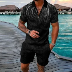 Sale OUKU Men's Geometry Polo Shirt Golf Shirt Polo Set Short Sleeve Shirt Turndown Street Casual Black Yellow Blue Light Blue Zipper 2 Piece Clothing Apparel Fashion Designer Casual Breathable