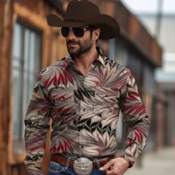 Clearance OUKU Men's Geometry Western Shirt Cowboy Shirt Long Sleeve Vintage Western Style Tribal Outdoor Vacation Horse Race Spring & Summer Turndown Print Button-Down Burgundy Blue
