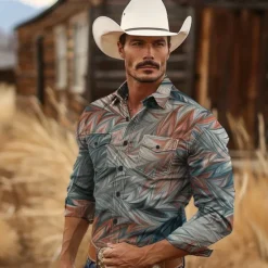 Clearance OUKU Men's Geometry Western Shirt Cowboy Shirt Long Sleeve Vintage Western Style Tribal Outdoor Vacation Horse Race Spring & Summer Turndown Print Button-Down Burgundy Blue