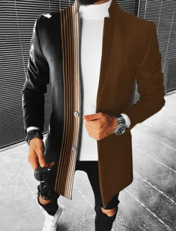 Online OUKU Men's Geometry Winter Coat Overcoat Coat Warm Breathable Comfortable Fashion Streetwear Business Work Wear to work Going out Pocket Print Fall & Winter Turndown Long Sleeve Brown khaki Gray