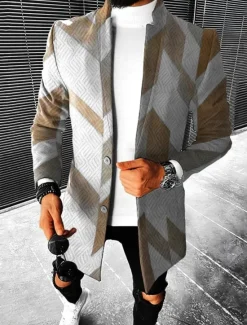 Online OUKU Men's Geometry Winter Coat Overcoat Coat Warm Breathable Comfortable Fashion Streetwear Business Work Wear to work Going out Pocket Print Fall & Winter Turndown Long Sleeve Brown khaki Gray